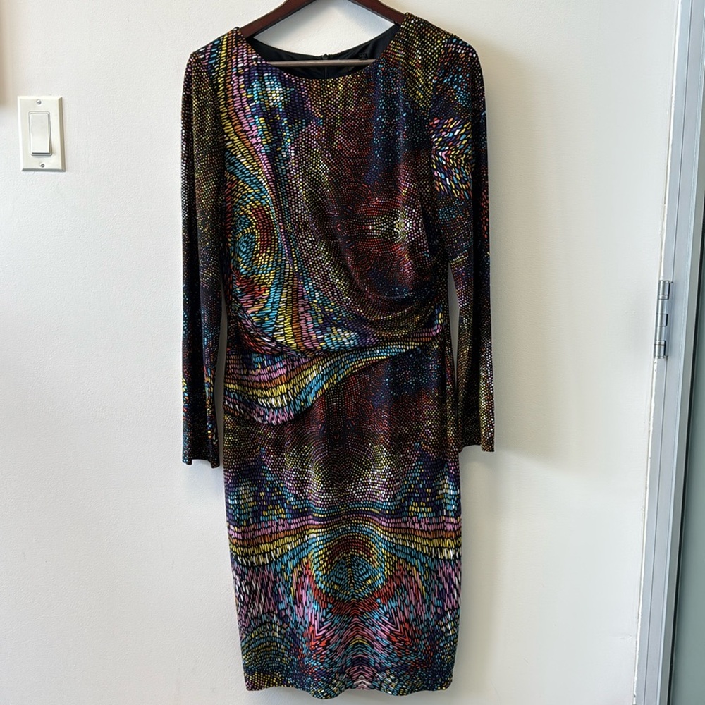 David Meister Designer Cocktail Dress | Black Multicolor Print | Size 12